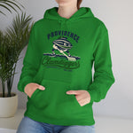 Providence Clamdiggers Hoodie in irish green with the Providence Clamdiggers logo, a quahog clam character in a green cap raking a Narragansett Bay mudflat, with Clamdiggers in green script on the front, worn by model