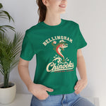 Bellingham Chinooks Premium Lightweight T-Shirt in kelly with the Bellingham Chinooks logo, a leaping chinook salmon in a ball cap above splashing water and script lettering on the front, worn by model