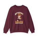 Newport Colts Crewneck Sweatshirt in maroon with the Newport Colts logo, a colt in an old-time baseball uniform with a bat on his shoulder and a hoof on a ball, over 1897 Champions on the front