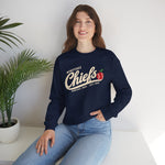 Wenatchee Chiefs Crewneck Sweatshirt in navy with the Wenatchee Chiefs logo, script lettering with an apple stitched like a baseball on the front, worn by model