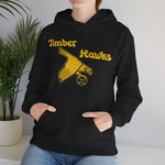 Bend Timber Hawks Hoodie in black with the Bend Timber Hawks logo, a diving gold hawk clutching a baseball on the front, worn by model