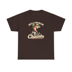Bellingham Chinooks Heavyweight T-Shirt in dark chocolate with the Bellingham Chinooks logo, a leaping chinook salmon in a ball cap above splashing water and script lettering on the front