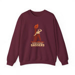 Shreveport Gassers Crewneck Sweatshirt in maroon with the red cartoon gas station attendant lighting a tall torch lamp on the front