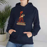 Shreveport Gassers Hoodie in navy with the red cartoon gas station attendant lighting a tall torch lamp on the front, worn by model