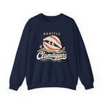 Seattle Clamdiggers Crewneck Sweatshirt in navy with the Seattle Clamdiggers logo, a clam shell made from a baseball half-buried in a tide flat on the front