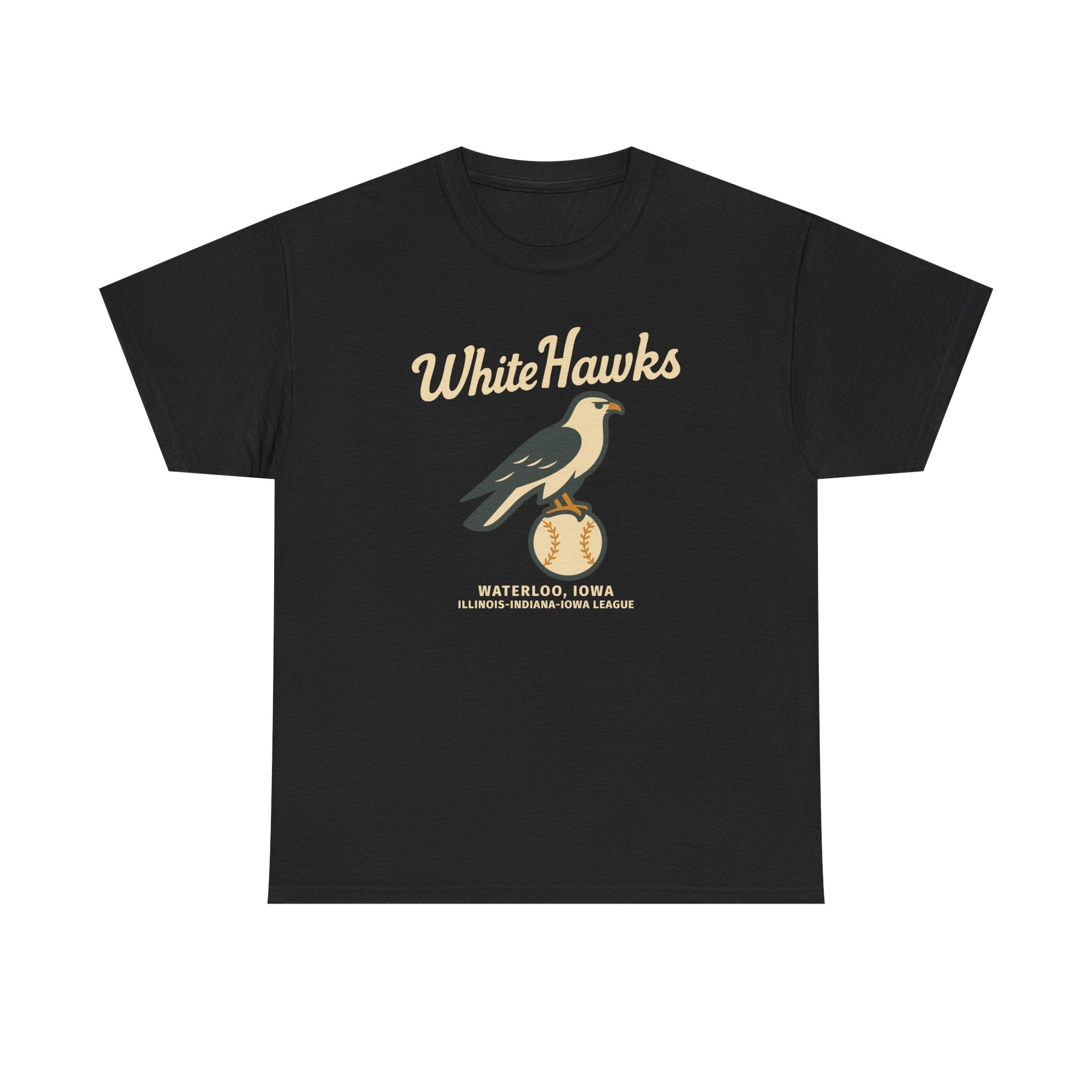 Black heavyweight t-shirt with vintage White Hawks baseball team logo and text for Waterloo, Iowa.