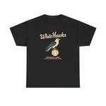 Black heavyweight t-shirt with vintage White Hawks baseball team logo and text for Waterloo, Iowa.
