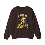 Eugene Larks Crewneck Sweatshirt in dark chocolate with the Eugene Larks logo, a cartoon meadowlark with a bat and a baseball on the front