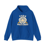 York White Roses Hoodie in royal with the York White Roses logo, a cream and blue rose with a baseball at its center on the front