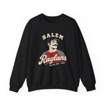 Salem Raglans Crewneck Sweatshirt in black with the Salem Raglans logo, a mustached ballplayer in a raglan shirt on the front