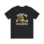 Hoquiam Perfect Gentlemen Premium Lightweight T-Shirt in black with the Hoquiam Perfect Gentlemen logo, a mustached gentleman in a straw boater tipping his hat between two pennants on the front