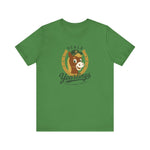 Ocala Yearlings Premium Lightweight T-Shirt in leaf with the horse head peeking through a gold horseshoe wearing a green cap on the front