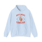 Key West Conchs Hoodie in light blue with the grinning striped conch shell mascot inside a teal diamond outline on the front