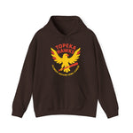Brown Topeka Hawks hoodie with vintage baseball team logo in yellow and red on front pocket area