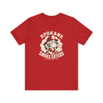 Spokane Smoke Eaters Premium Lightweight T-Shirt in red with the Spokane Smoke Eaters logo, a Dalmatian in a red fire helmet and bandana blowing smoke on the front