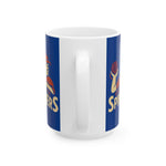 White ceramic mug with Greenville Spinners baseball logo, available in 11oz and 15oz sizes with C-handle design