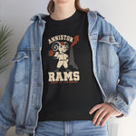 Anniston Rams Heavyweight T-Shirt in black with the Anniston Rams logo, a cartoon ram ballplayer holding a foundry rammer beside a smoking smokestack on the front, worn by model