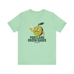 Portland Green Gages Premium Lightweight T-Shirt in mint with the Portland Green Gages logo, a cartoon green plum tossing a baseball on the front