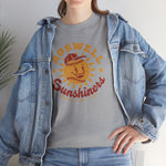 Roswell Sunshiners Heavyweight T-Shirt in sport grey with the Roswell Sunshiners logo, a smiling baseball sun in a red cap, with Sunshiners in red script on the front, worn by model
