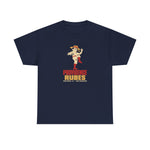 Providence Rubes Heavyweight T-Shirt in navy with the Providence Rubes logo, a 1920s pitcher in a straw farmer's hat with a stalk of wheat in his teeth at the top of his leg kick, over Providence Rubes 1926 Champions on the front