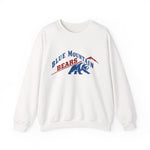 Blue Mountain Bears Crewneck Sweatshirt in white with the Blue Mountain Bears logo, a snarling bear below a red mountain peak on the front