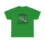 Providence Clamdiggers Heavyweight T-Shirt in irish green with the Providence Clamdiggers logo, a quahog clam character in a green cap raking a Narragansett Bay mudflat, with Clamdiggers in green script on the front