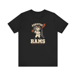 Anniston Rams Premium Lightweight T-Shirt in black with the Anniston Rams logo, a cartoon ram ballplayer holding a foundry rammer beside a smoking smokestack on the front