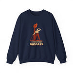 Shreveport Gassers Crewneck Sweatshirt in navy with the red cartoon gas station attendant lighting a tall torch lamp on the front