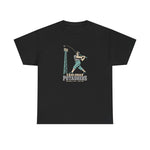Carlsbad Potashers Heavyweight T-Shirt in black with the Carlsbad Potashers logo, a miner in a hard hat and headlamp finishing his swing as the ball arcs over a ballpark light tower, with Potashers in block letters on the front