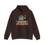 Miami Miners Hoodie in dark chocolate with the Miami Miners logo, a smiling ore cart holding a bat on a mine track on the front