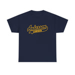 Anderson Lawmen Heavyweight T-Shirt in navy with the Anderson Lawmen logo, gold script lettering with a tail swoosh on the front