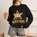 Phoenix Senators Crewneck Sweatshirt in black with the Phoenix Senators logo, a baseball as the capitol dome in front of a gold star on the front, worn by model
