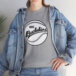 Boise Buckskins Heavyweight T-Shirt in sport grey with the Boise Buckskins logo, script lettering across a stitched baseball on the front, worn by model