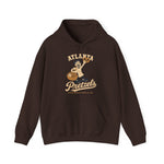 Atlanta Pretzels Hoodie in dark chocolate with the cream cartoon baker holding a pretzel and basket on the front
