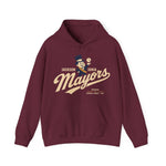 Jackson - Ionia Mayors Hoodie in maroon with the top hatted mayor character in a navy suit tossing a baseball on the front