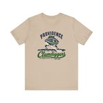 Providence Clamdiggers Premium Lightweight T-Shirt in tan with the Providence Clamdiggers logo, a quahog clam character in a green cap raking a Narragansett Bay mudflat, with Clamdiggers in green script on the front