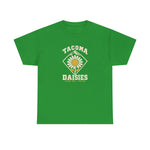 Tacoma Daisies Heavyweight T-Shirt in irish green with the Tacoma Daisies logo, a daisy inside a diamond with a mountain peak above on the front