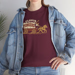 Clovis Pioneers Heavyweight T-Shirt in maroon with the Clovis Pioneers logo, a ballplayer with a raised bat riding a horse-drawn covered wagon, with Pioneers on the canvas on the front, worn by model