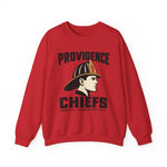 Providence Chiefs Crewneck Sweatshirt in red with the Providence Chiefs logo, a fire chief in profile under a leather helmet with a P on the front shield on the front