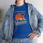 Daytona Beach Islanders Heavyweight T-Shirt in royal with the orange sunset behind a palm island with stitched baseball waves on the front, worn by model