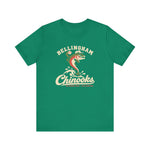 Bellingham Chinooks Premium Lightweight T-Shirt in kelly with the Bellingham Chinooks logo, a leaping chinook salmon in a ball cap above splashing water and script lettering on the front