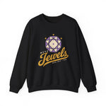 Mesa Jewels Crewneck Sweatshirt in black with the Mesa Jewels logo, a faceted purple gem with a baseball diamond above Jewels script on the front