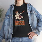 Bisbee-Douglas Copper Kings Heavyweight T-Shirt in black with the Bisbee-Douglas Copper Kings logo, a bearded king in a crown and cape swinging a bat on the front, worn by model