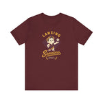 Lansing Senators Premium Lightweight T-Shirt in maroon with the laurel crowned boy tossing a baseball inside a maroon diamond on the front
