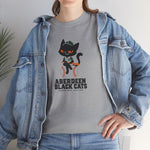 Aberdeen Black Cats Heavyweight T-Shirt in sport grey with the Aberdeen Black Cats logo, a black cat in a green cap and jersey sitting on a baseball holding a bat on the front, worn by model