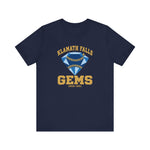 Klamath Falls Gems Premium Lightweight T-Shirt in navy with the Klamath Falls Gems logo, a blue diamond gem with baseball stitching on the front