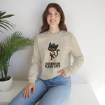 Aberdeen Black Cats Crewneck Sweatshirt in sand with the Aberdeen Black Cats logo, a black cat in a green cap and jersey sitting on a baseball holding a bat on the front, worn by model