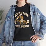 Hoquiam Perfect Gentlemen Heavyweight T-Shirt in black with the Hoquiam Perfect Gentlemen logo, a mustached gentleman in a straw boater tipping his hat between two pennants on the front, worn by model