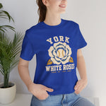 York White Roses Premium Lightweight T-Shirt in true royal with the York White Roses logo, a cream and blue rose with a baseball at its center on the front, worn by model