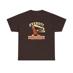 Everett Smokestackers Heavyweight T-Shirt in dark chocolate with the Everett Smokestackers logo, a cartoon smokestack swinging a bat with a trail of smoke on the front